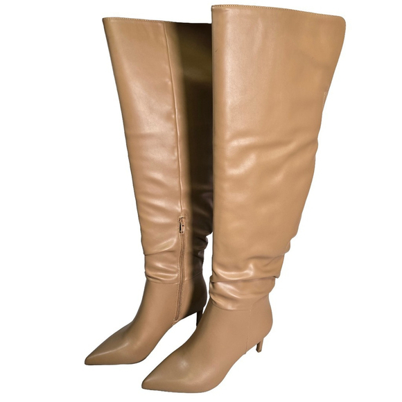 INC Damoni Over the Knee Faux Leather Slouch Boots Tan Pointed Toe Heel 7 NIB - Picture 2 of 11